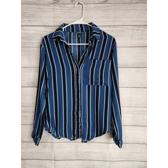 Wild Fable xs blue black striped button up blouse 7.6052 - Picture 1 of 5